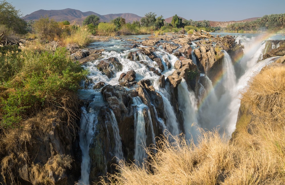Closeup view of Epupa waterfalls in summer time, the border of Angola and Namibia