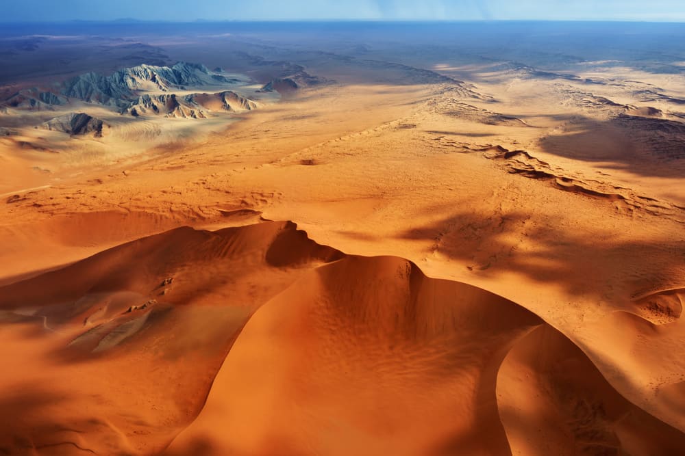 Aerial view on the beautiful landscape of the Namib desert, Sossusvlei, Namib Naukluft National Park, Namibia