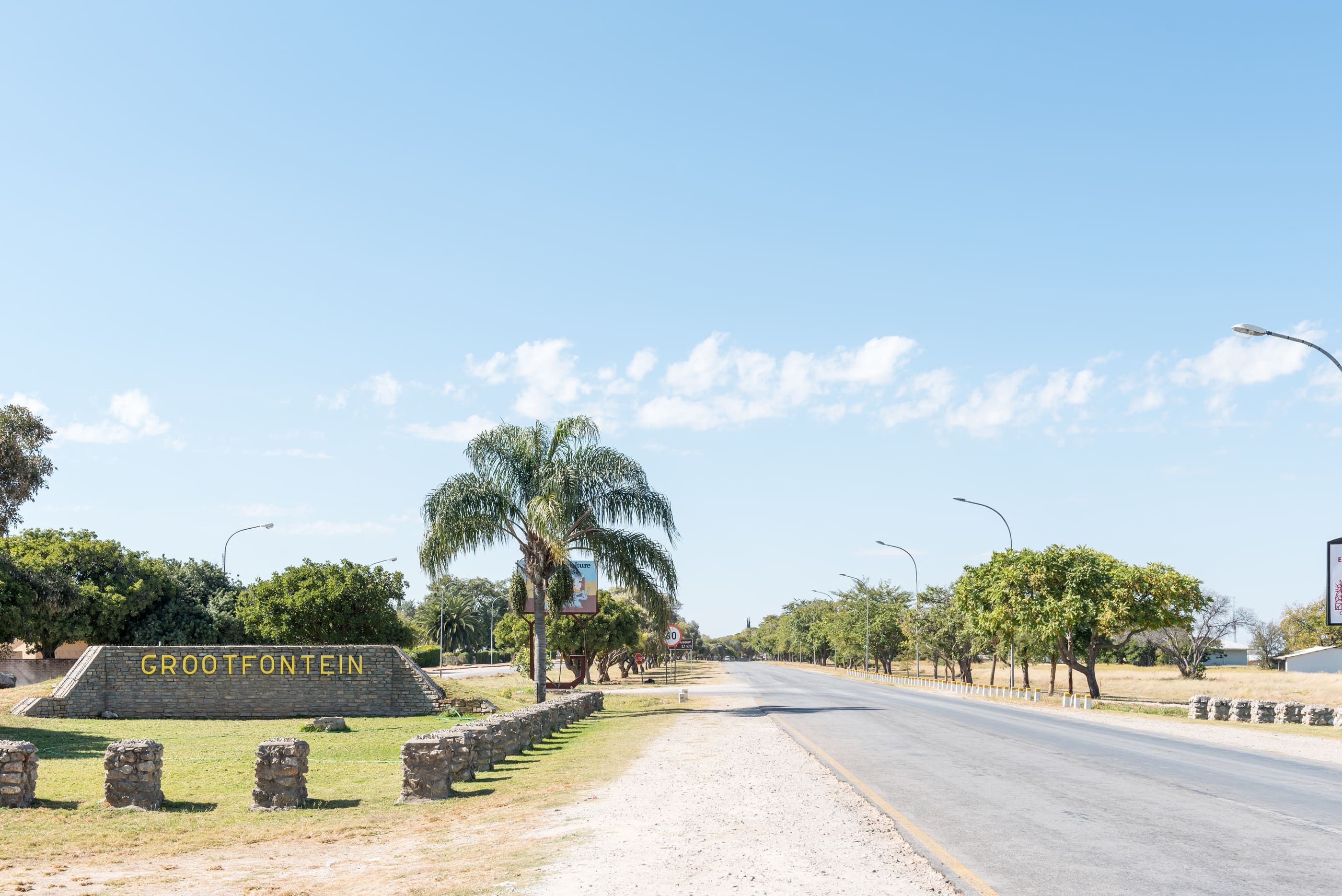 GROOTFONTEIN, NAMIBIA - JUNE 20, 2017: The B8-road entrance to Grootfontein in the Otjozondjupa Region of Namibia