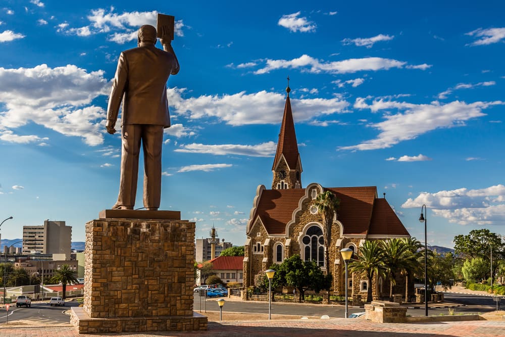 First Namibian President monument and Luteran Christ Church in the center of Windhoek, Namibia