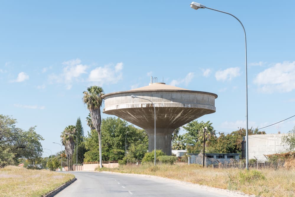 A street scene with a water reservoir in Grootfontein in the Otjozondjupa Region of Namibia