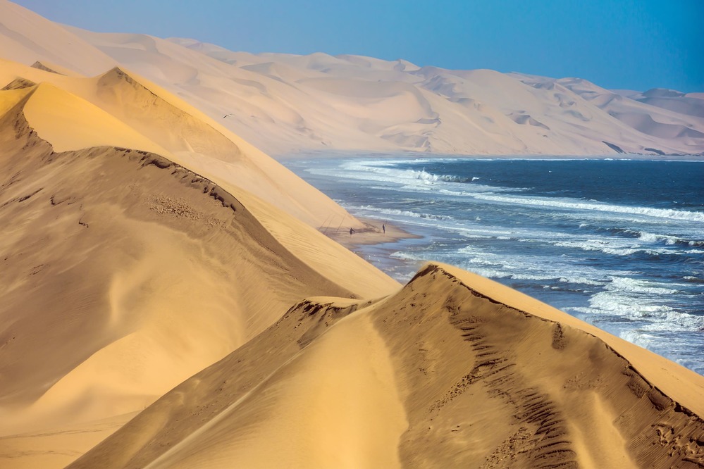 Atlantic coast of Walvis Bay, Namibia. Ocean surf with foamy waves. Jeep - safari through the huge sand dunes. The concept of extreme and exotic tourism